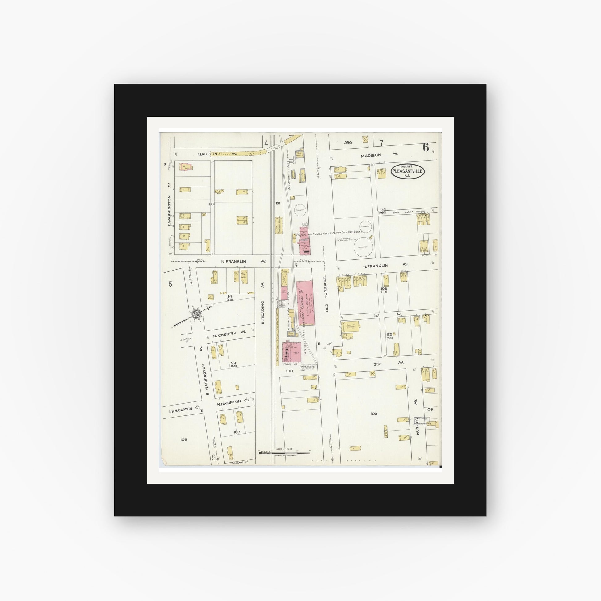 Old map wall art mockup — black gallery frame with white mat — Sanborn Fire Insurance Map from Pleasantville, Atlantic County, New Jersey (1917), Sheet #0006