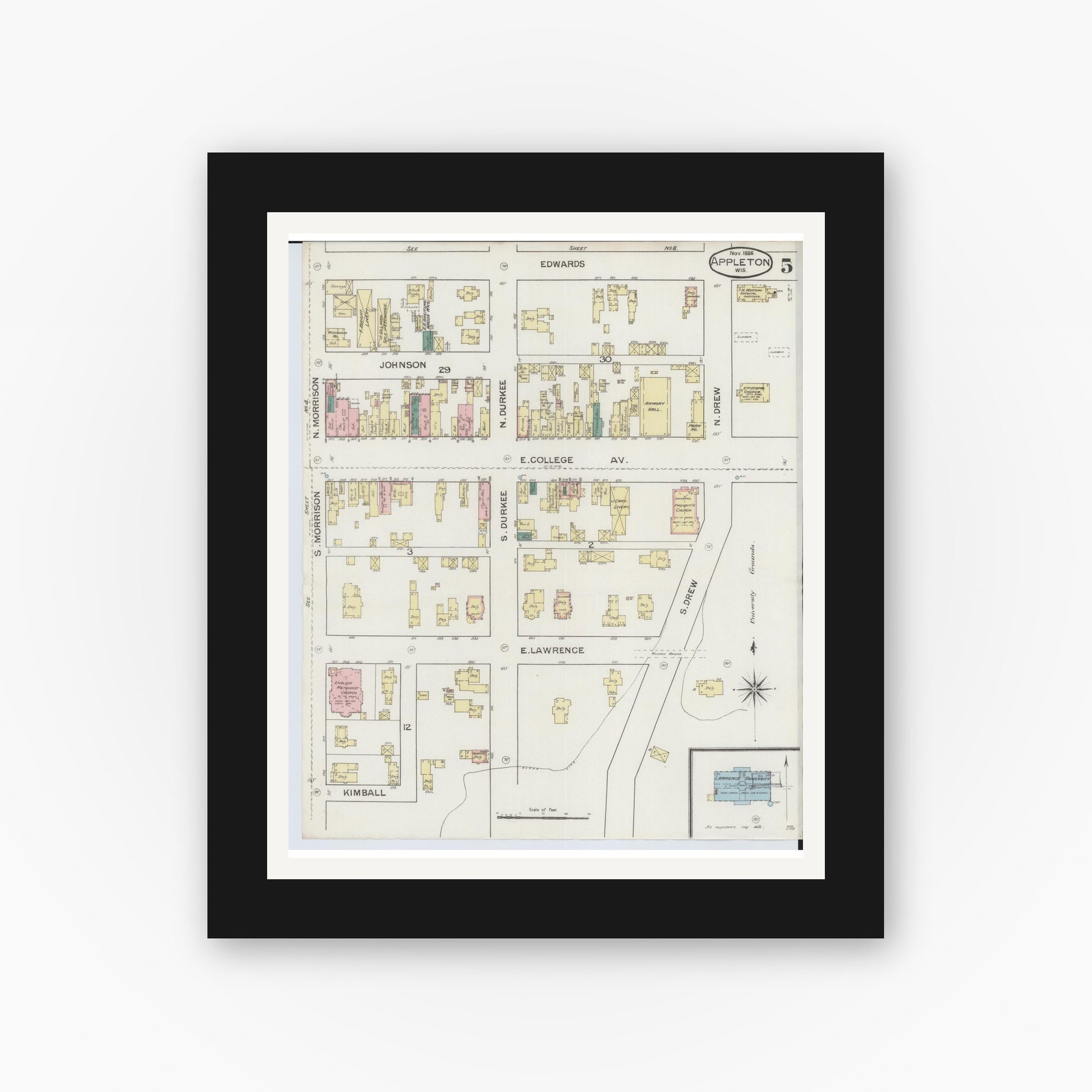 Old map wall art mockup — black gallery frame with white mat — Sanborn Fire Insurance Map from Appleton, Outagamie County, Wisconsin (1886), Sheet #0005