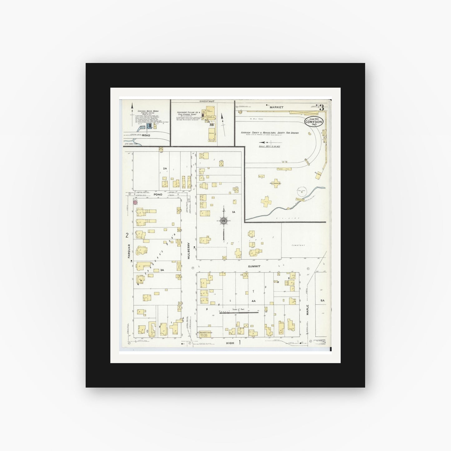 Old map wall art mockup — black gallery frame with white mat — Sanborn Fire Insurance Map from Corydon, Harrison County, Indiana (1910), Sheet #0003