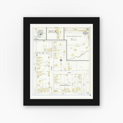 Old map wall art mockup — black gallery frame with white mat — Sanborn Fire Insurance Map from Corydon, Harrison County, Indiana (1910), Sheet #0003