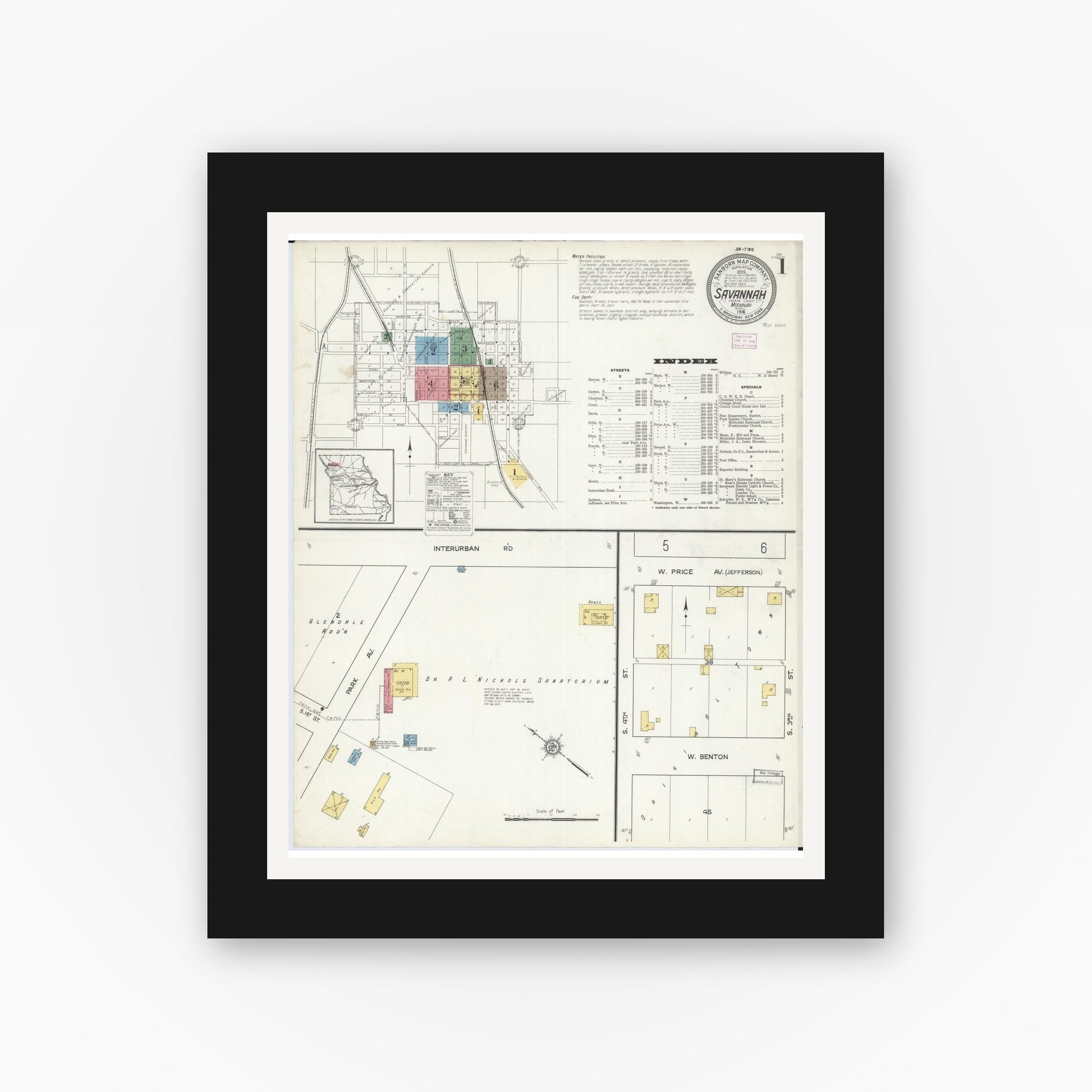 Old map wall art mockup — black gallery frame with white mat — Sanborn Fire Insurance Map from Savannah, Andrew County, Missouri (1916), Sheet #0001