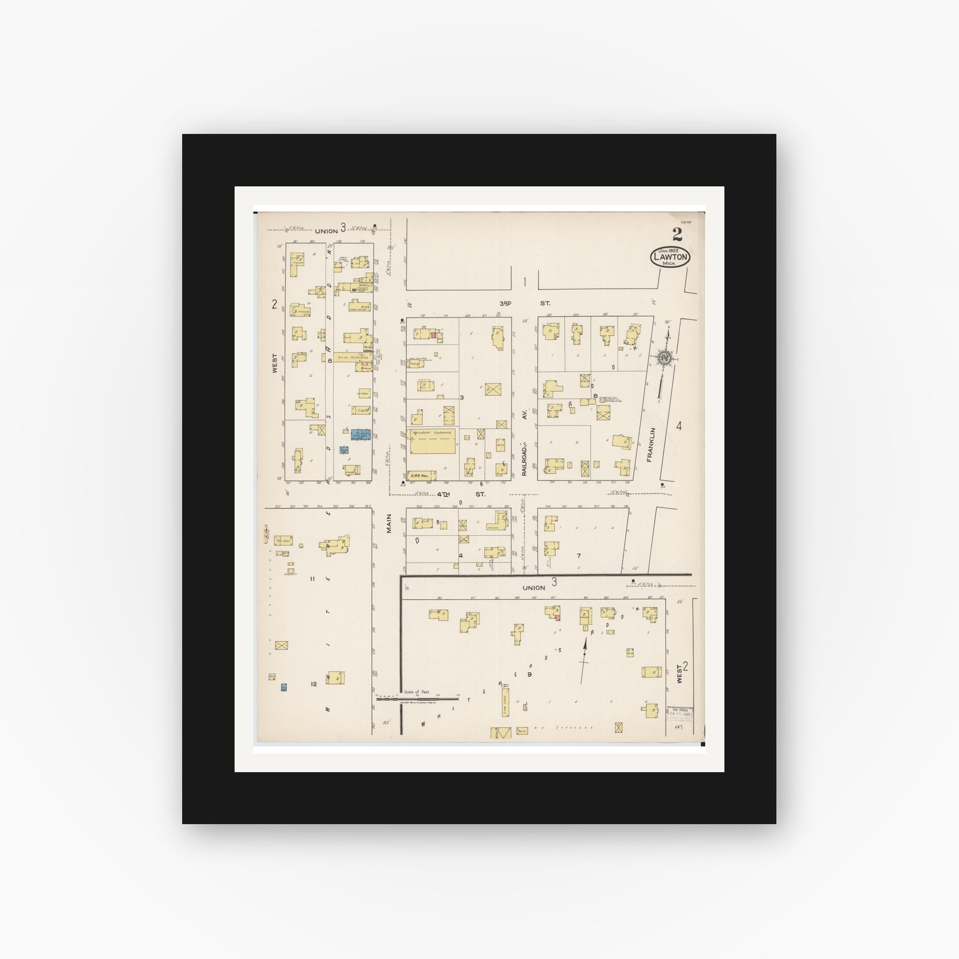 Old map wall art mockup — black gallery frame with white mat — Sanborn Fire Insurance Map from Lawton, Van Buren County, Michigan (1922), Sheet #0002