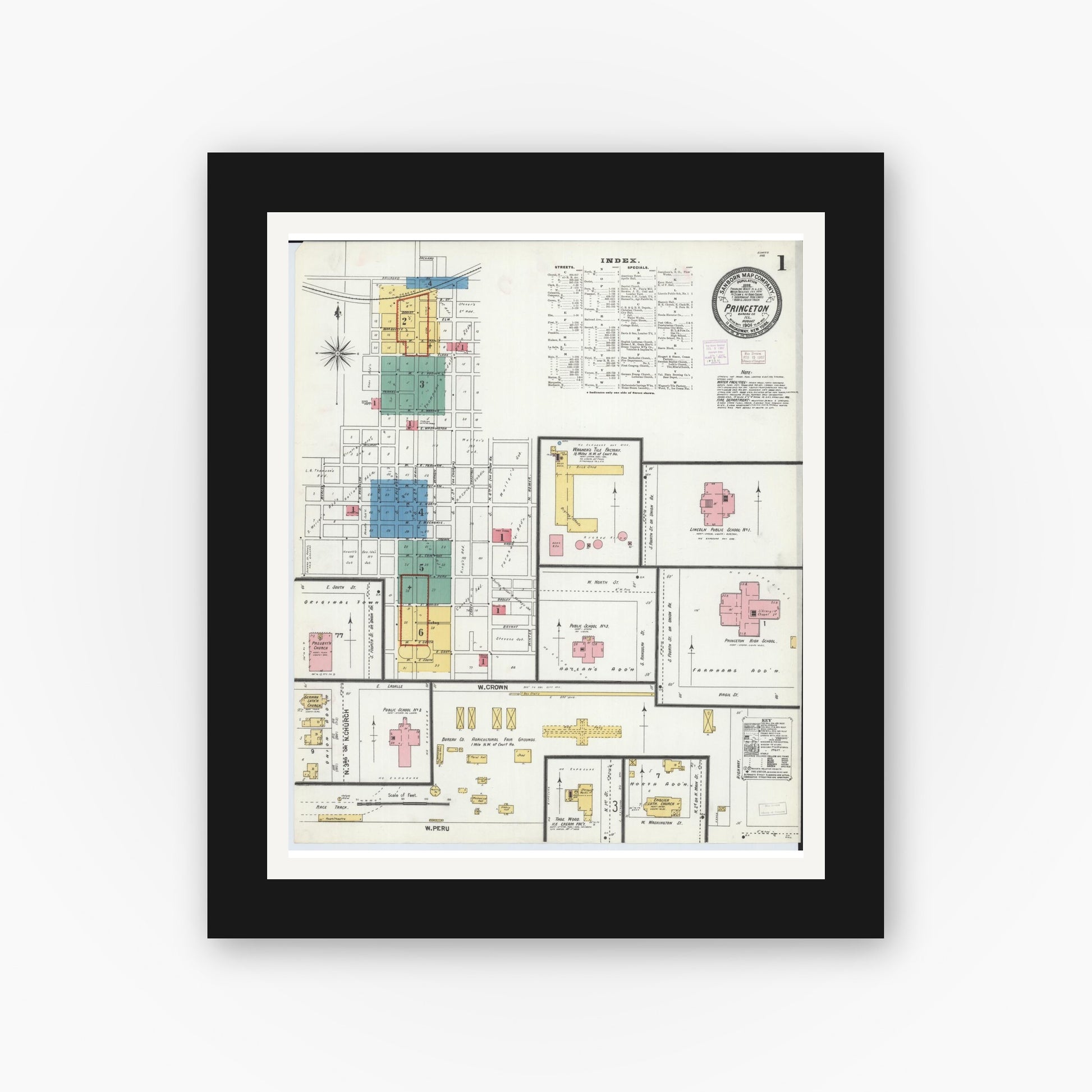 Old map wall art mockup — black gallery frame with white mat — Sanborn Fire Insurance Map from Princeton, Bureau County, Illinois (1906) - Complete Map Set