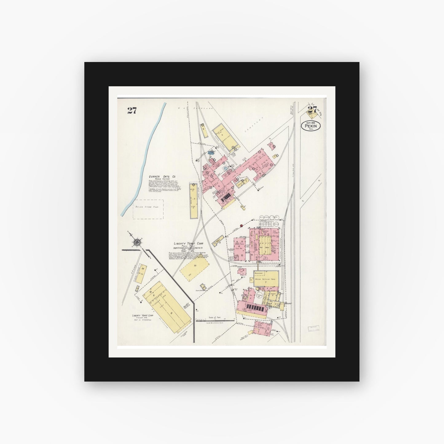 Old map wall art mockup — black gallery frame with white mat — Sanborn Fire Insurance Map from Pekin, Tazewell County, Illinois (1925), Sheet #0027