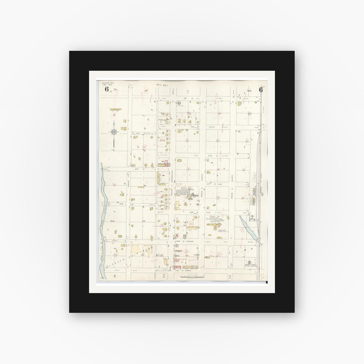 Old map wall art mockup — black gallery frame with white mat — Sanborn Fire Insurance Map from Snyder, Scurry County, Texas (1942), Sheet #0006