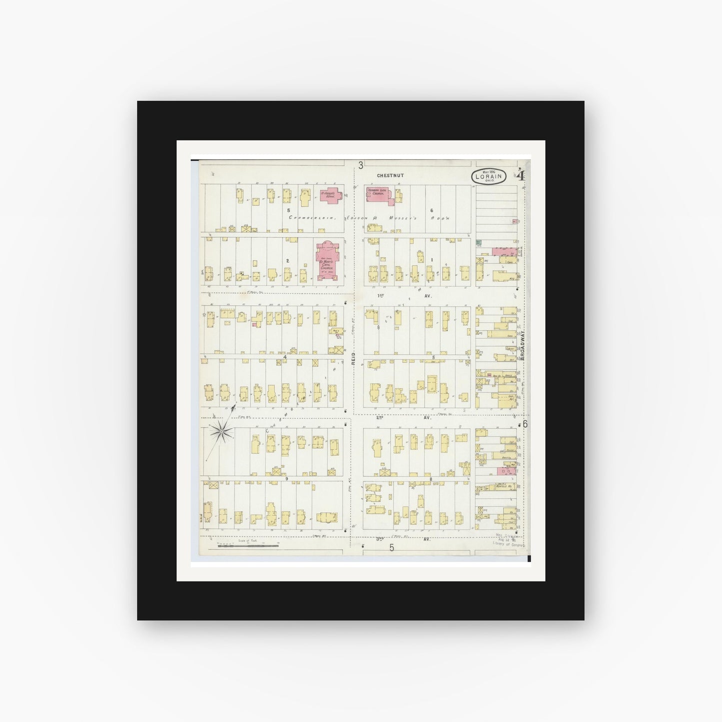Old map wall art mockup — black gallery frame with white mat — Sanborn Fire Insurance Map from Lorain, Lorain County, Ohio (1896), Sheet #0004