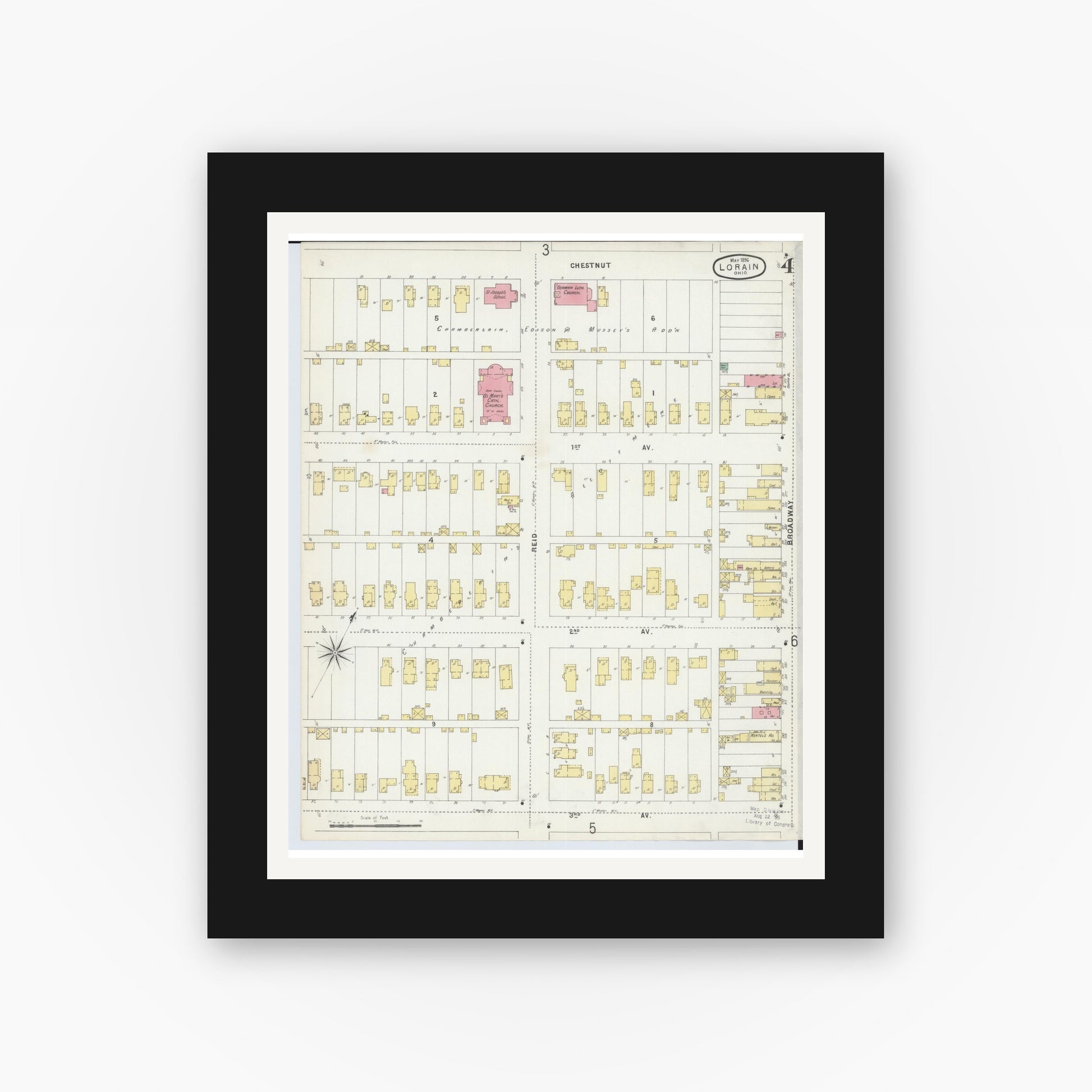 Old map wall art mockup — black gallery frame with white mat — Sanborn Fire Insurance Map from Lorain, Lorain County, Ohio (1896), Sheet #0004