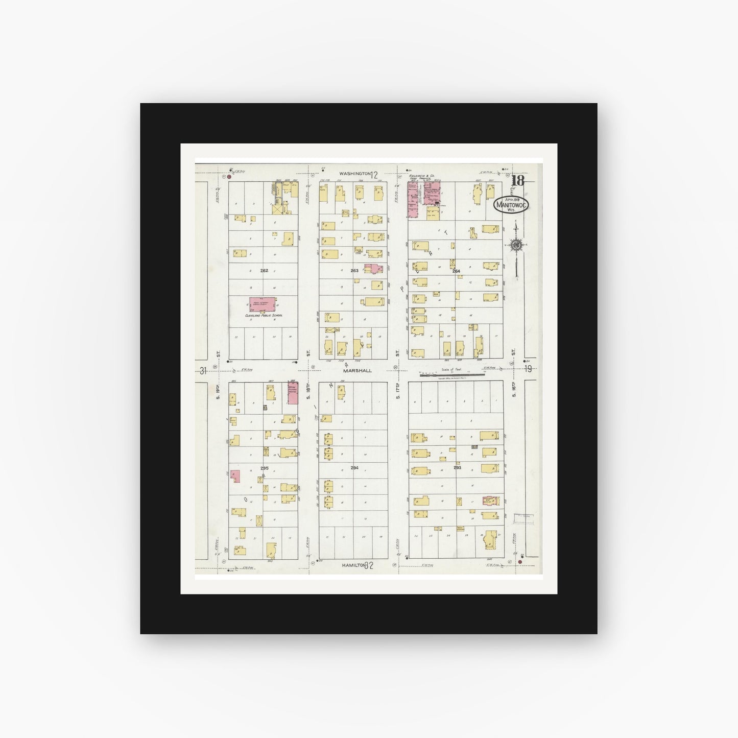 Old map wall art mockup — black gallery frame with white mat — Sanborn Fire Insurance Map from Manitowoc, Manitowoc County, Wisconsin (1919), Sheet #0018
