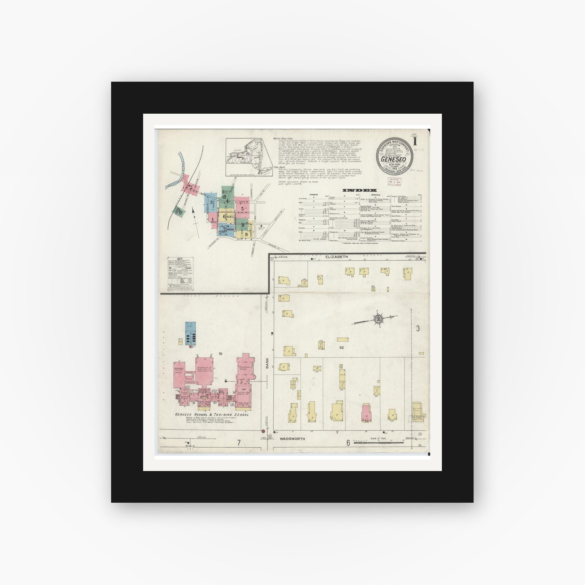 Old map wall art mockup — black gallery frame with white mat — Sanborn Fire Insurance Map from Geneseo, Livingston County, New York (1913) - Complete Map Set