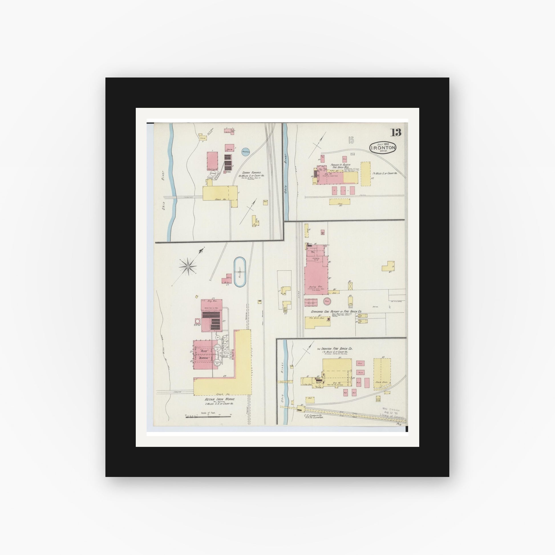 Old map wall art mockup — black gallery frame with white mat — Sanborn Fire Insurance Map from Ironton, Lawrence County, Ohio (1893), Sheet #0013