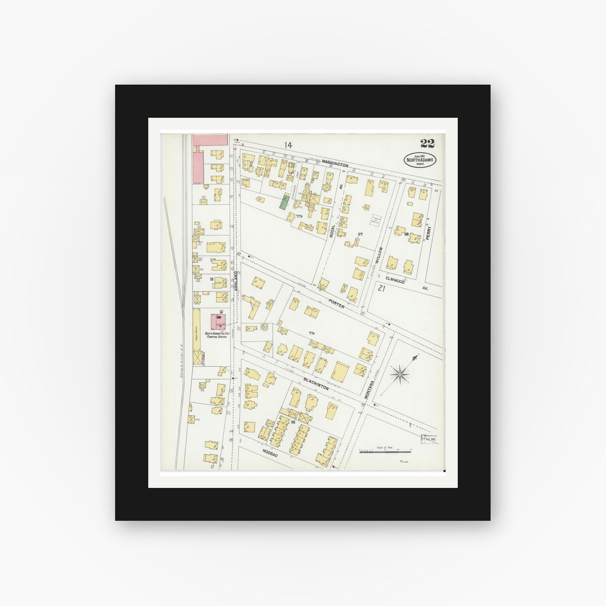 Old map wall art mockup — black gallery frame with white mat — Sanborn Fire Insurance Map from North Adams, Berkshire County, Massachusetts (1901), Sheet #0022
