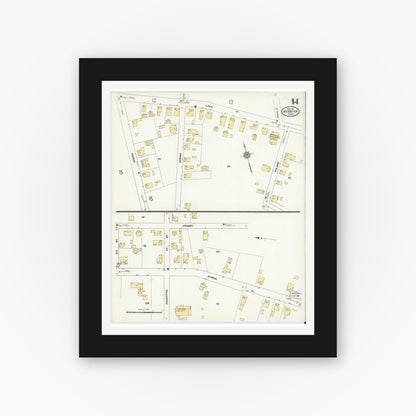 Old map wall art mockup — black gallery frame with white mat — Sanborn Fire Insurance Map from Webster, Worcester County, Massachusetts (1911), Sheet #0014