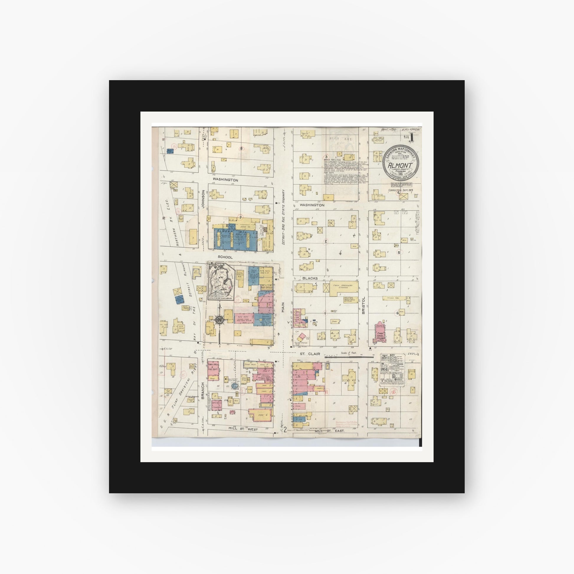 Old map wall art mockup — black gallery frame with white mat — Sanborn Fire Insurance Map from Almont, Lapeer County, Michigan (1929), Sheet #0001