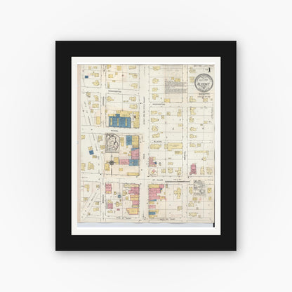 Old map wall art mockup — black gallery frame with white mat — Sanborn Fire Insurance Map from Almont, Lapeer County, Michigan (1929), Sheet #0001