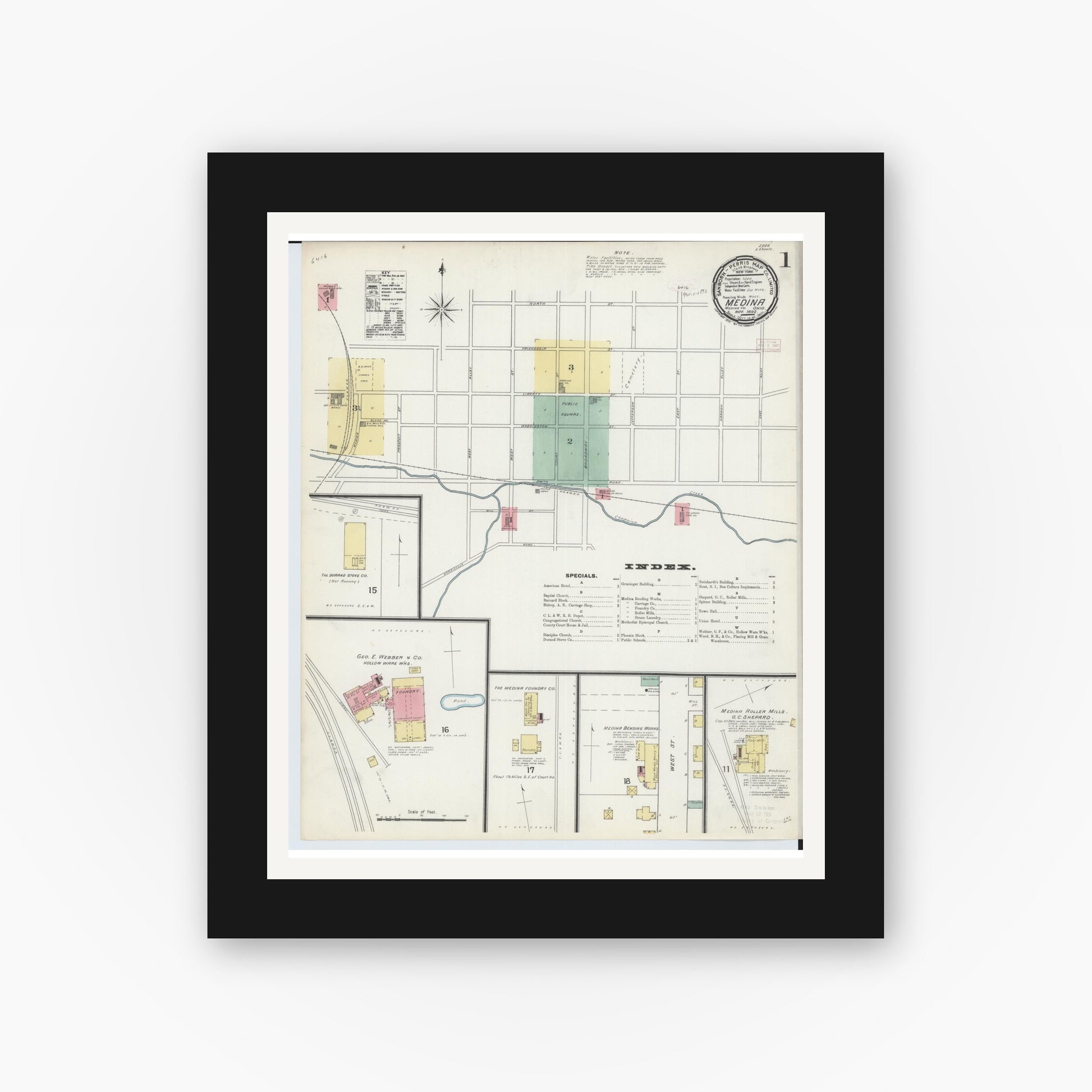 Old map wall art mockup — black gallery frame with white mat — Sanborn Fire Insurance Map from Medina, Medina County, Ohio (1892), Sheet #0001