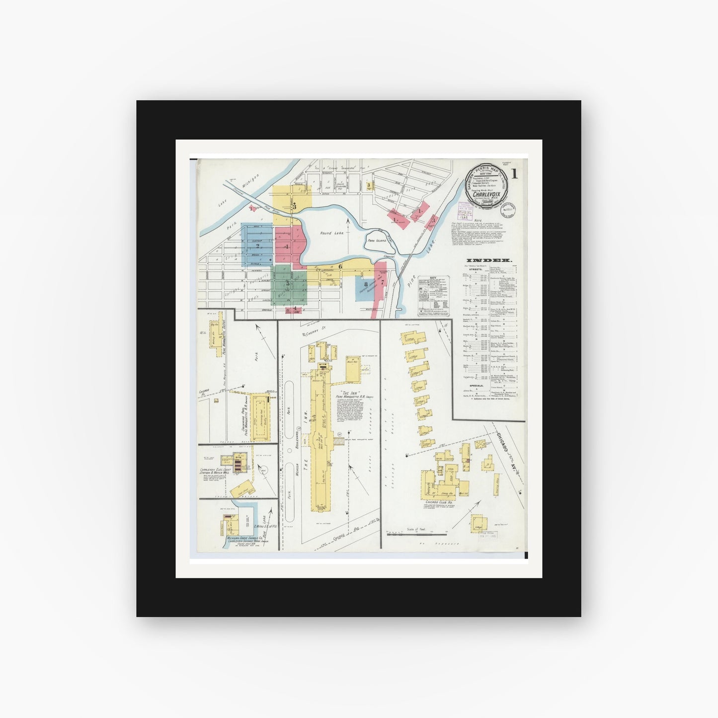 Old map wall art mockup — black gallery frame with white mat — Sanborn Fire Insurance Map from Charlevoix, Charlevoix County, Michigan (1901), Sheet #0001