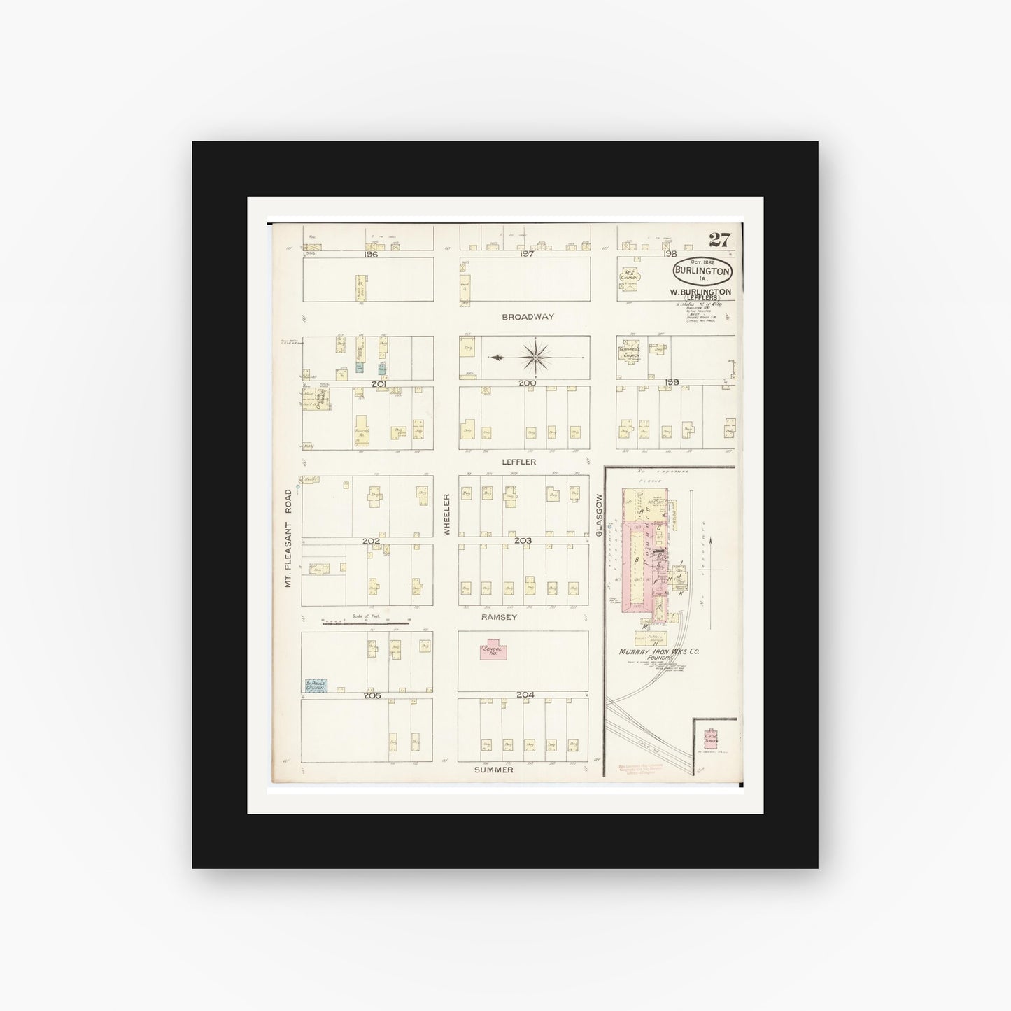 Old map wall art mockup — black gallery frame with white mat — Sanborn Fire Insurance Map from Burlington, Des Moines County, Iowa (1888), Sheet #0027