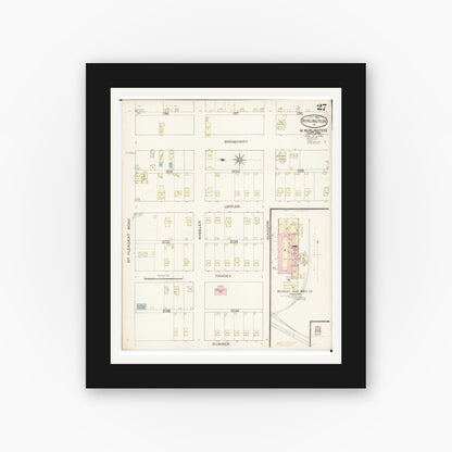 Old map wall art mockup — black gallery frame with white mat — Sanborn Fire Insurance Map from Burlington, Des Moines County, Iowa (1888), Sheet #0027