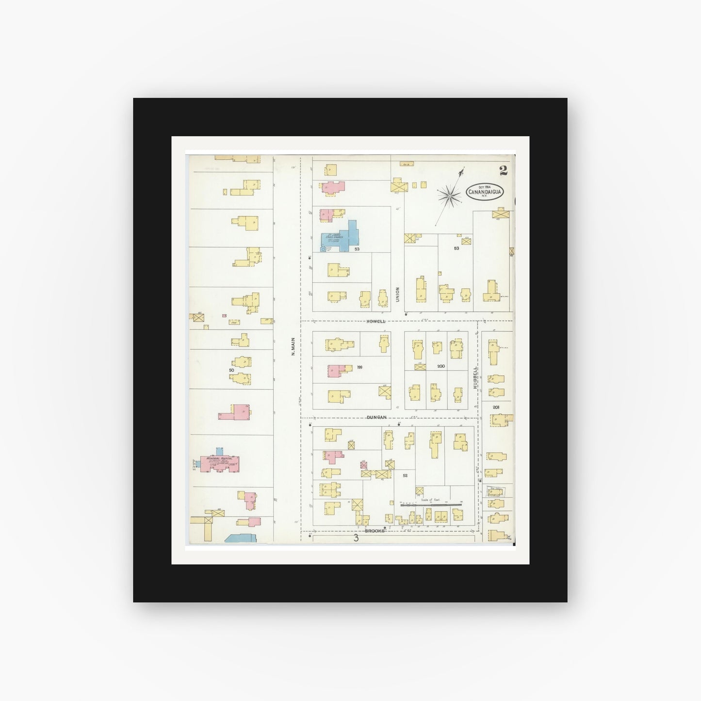 Old map wall art mockup — black gallery frame with white mat — Sanborn Fire Insurance Map from Canandaigua, Ontario County, New York (1904), Sheet #0002
