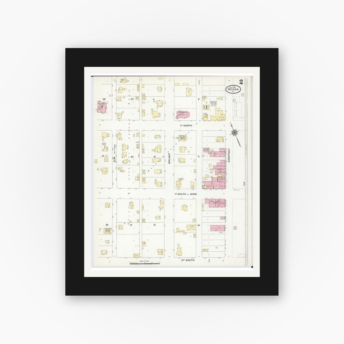 Old map wall art mockup — black gallery frame with white mat — Sanborn Fire Insurance Map from Neoga, Cumberland County, Illinois (1910), Sheet #0002