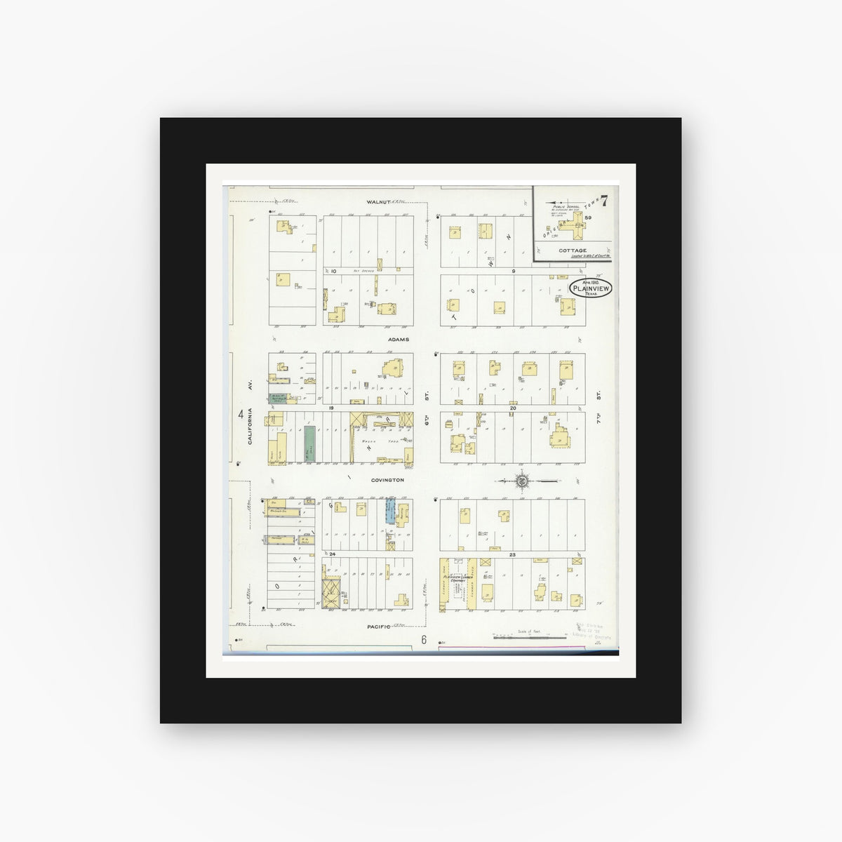Old map wall art mockup — black gallery frame with white mat — Sanborn Fire Insurance Map from Plainview, Hale County, Texas (1910), Sheet #0007