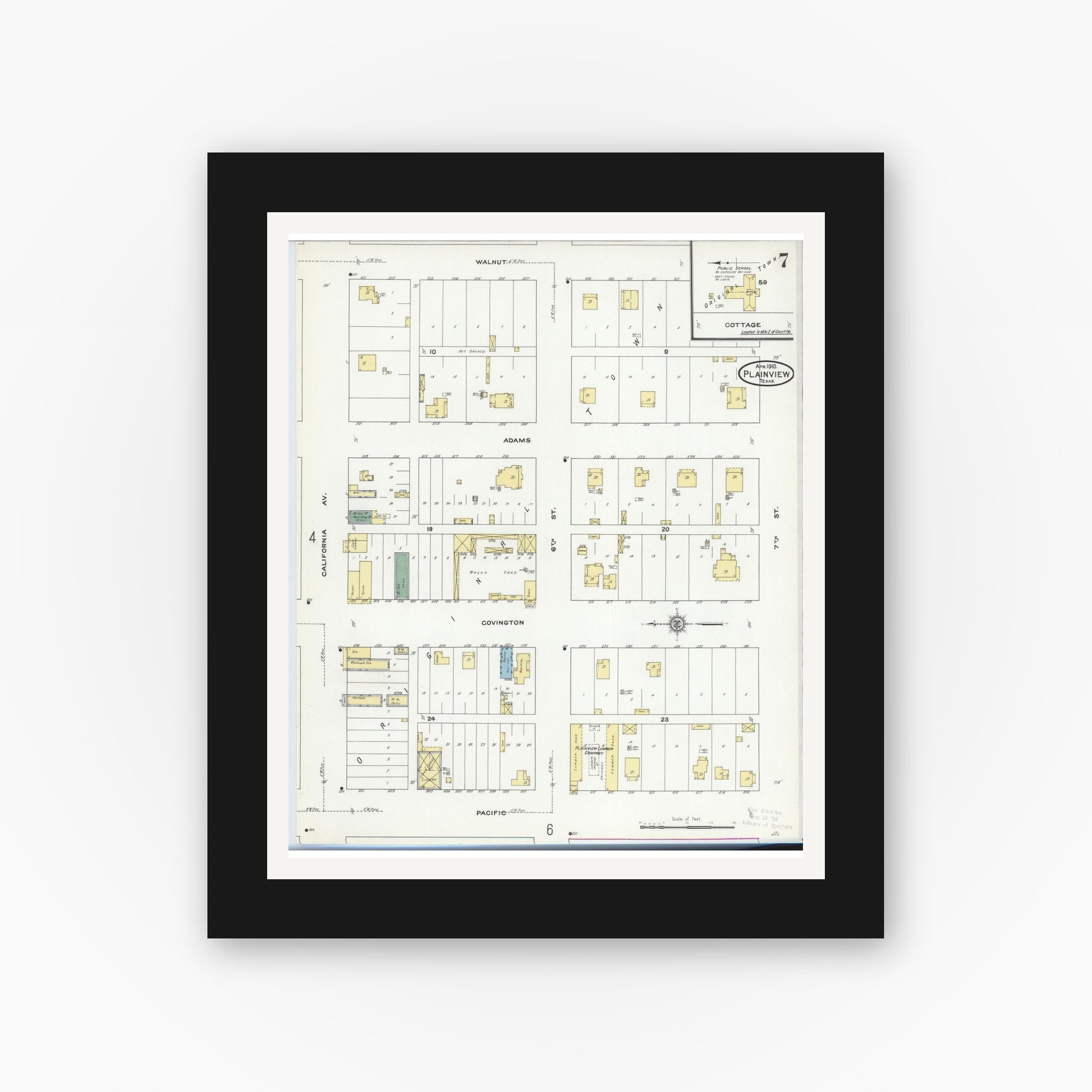 Old map wall art mockup — black gallery frame with white mat — Sanborn Fire Insurance Map from Plainview, Hale County, Texas (1910), Sheet #0007
