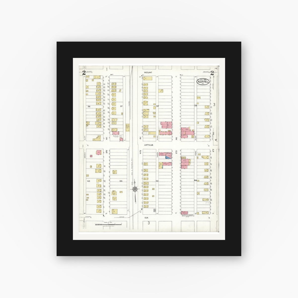 Old map wall art mockup — black gallery frame with white mat — Sanborn Fire Insurance Map from Koppel, Beaver County, Pennsylvania (1923), Sheet #0002