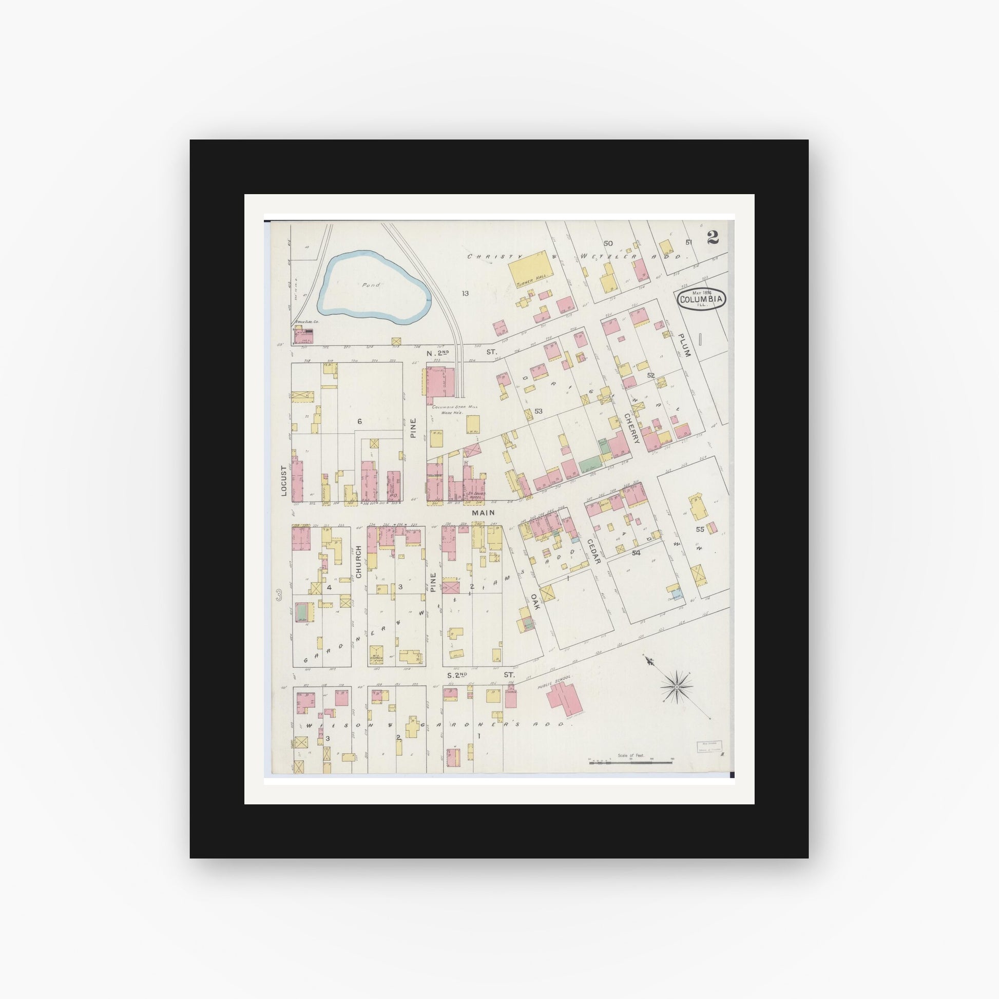 Old map wall art mockup — black gallery frame with white mat — Sanborn Fire Insurance Map from Columbia, Monroe County, Illinois (1894), Sheet #0002
