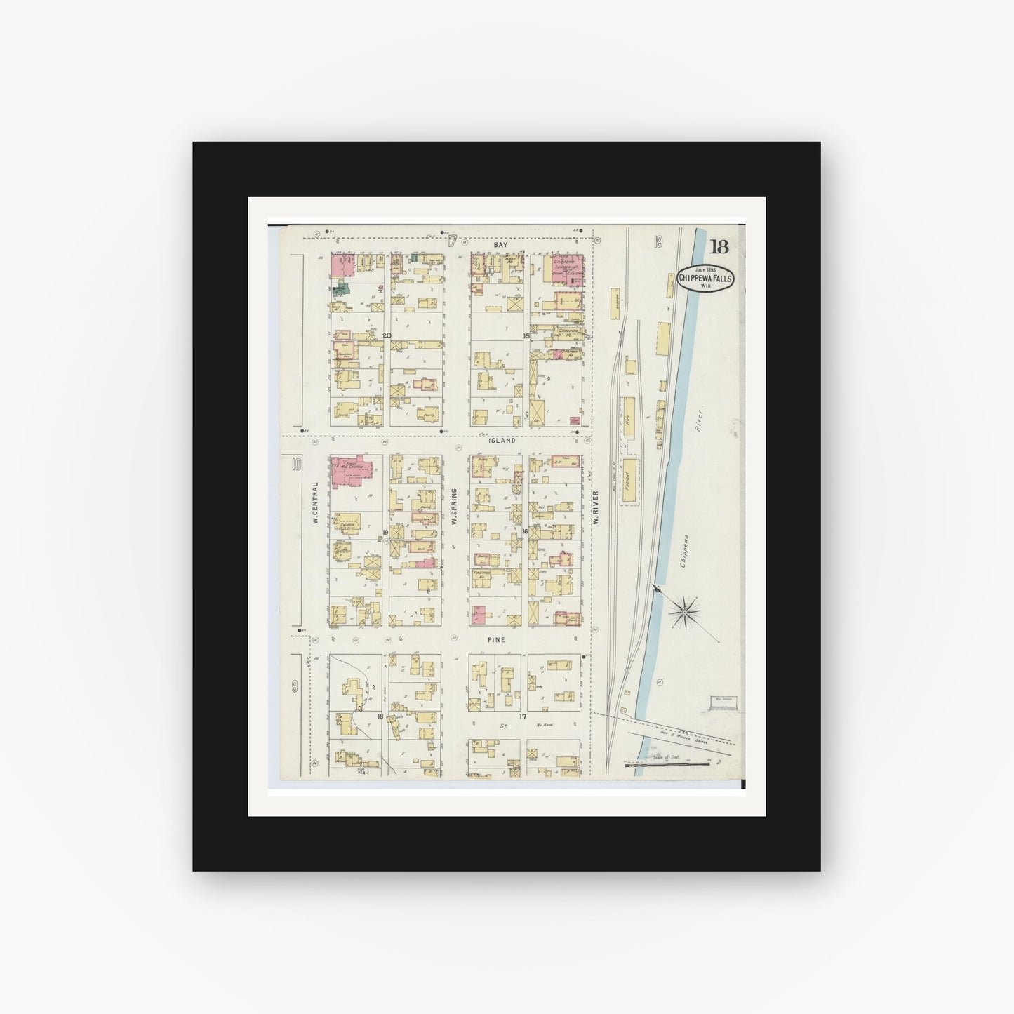Old map wall art mockup — black gallery frame with white mat — Sanborn Fire Insurance Map from Chippewa Falls, Chippewa County, Wisconsin (1895), Sheet #0018