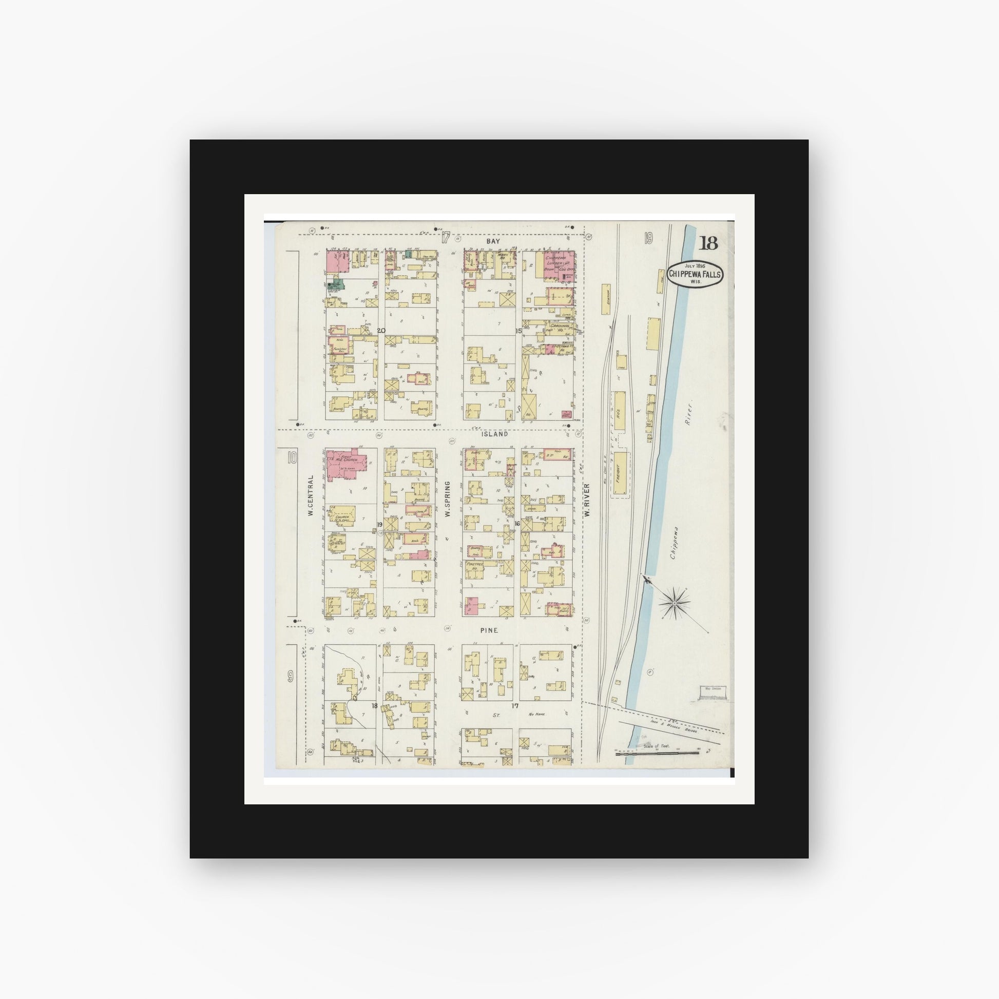 Old map wall art mockup — black gallery frame with white mat — Sanborn Fire Insurance Map from Chippewa Falls, Chippewa County, Wisconsin (1895), Sheet #0018