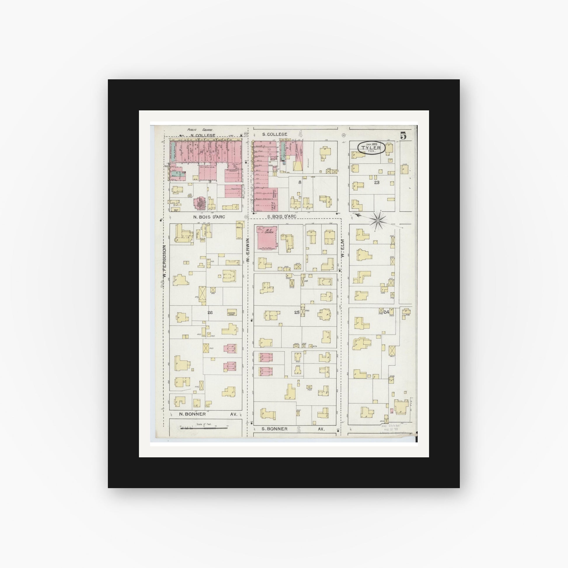 Old map wall art mockup — black gallery frame with white mat — Sanborn Fire Insurance Map from Tyler, Smith County, Texas (1893), Sheet #0005