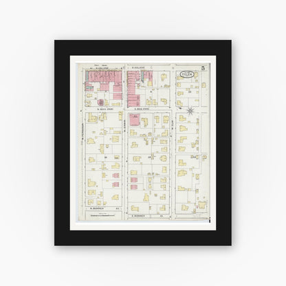 Old map wall art mockup — black gallery frame with white mat — Sanborn Fire Insurance Map from Tyler, Smith County, Texas (1893), Sheet #0005