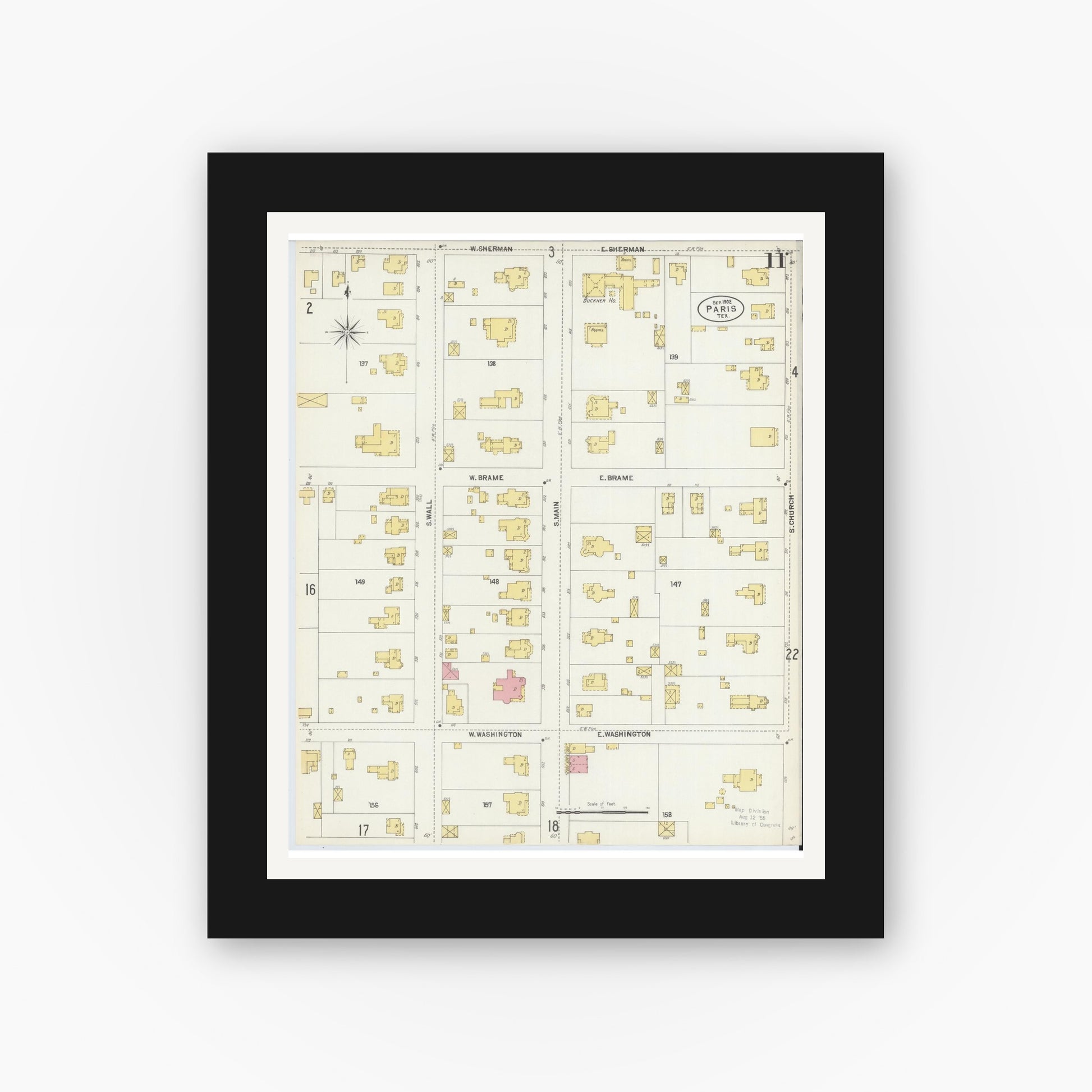 Old map wall art mockup — black gallery frame with white mat — Sanborn Fire Insurance Map from Paris, Lamar County, Texas (1902), Sheet #0011