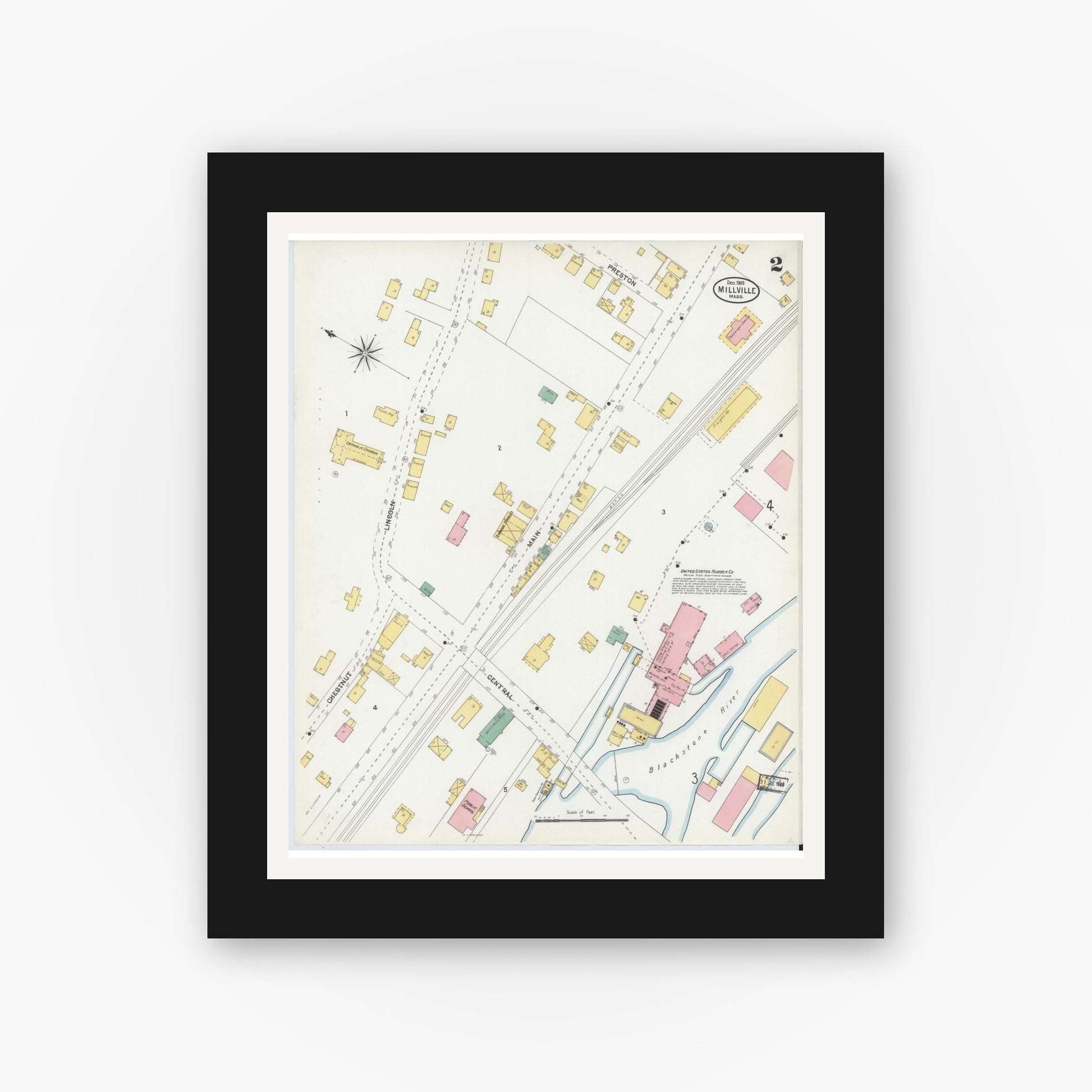 Old map wall art mockup — black gallery frame with white mat — Sanborn Fire Insurance Map from Millville, Worcester County, Massachusetts (1903), Sheet #0002