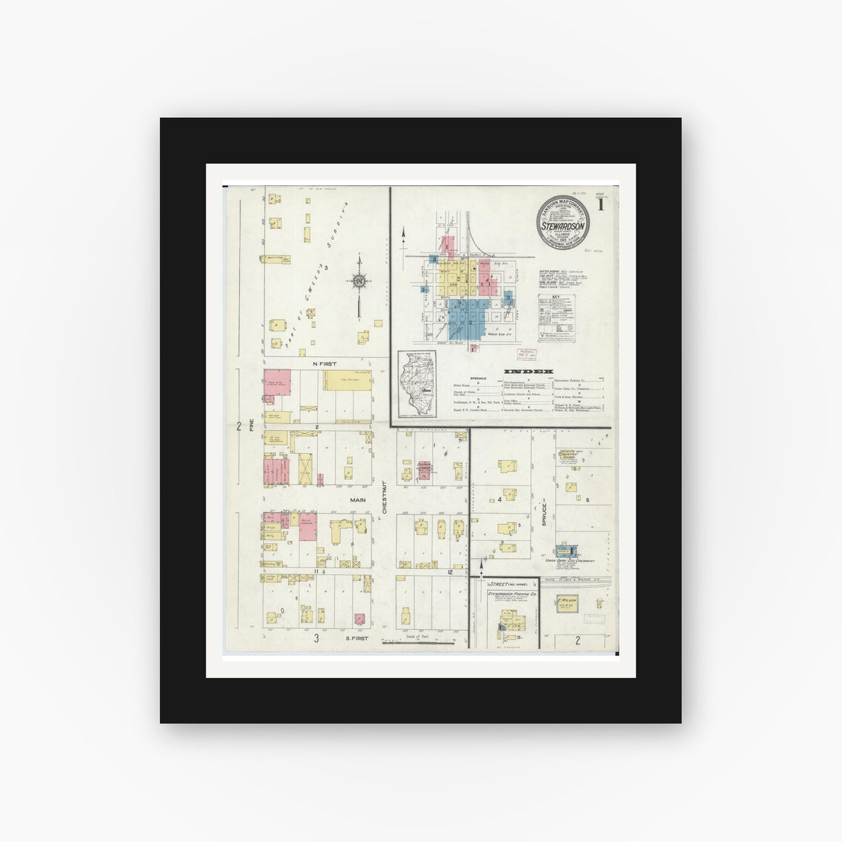 Old map wall art mockup — black gallery frame with white mat — Sanborn Fire Insurance Map from Stewardson, Shelby County, Illinois (1913), Sheet #0001