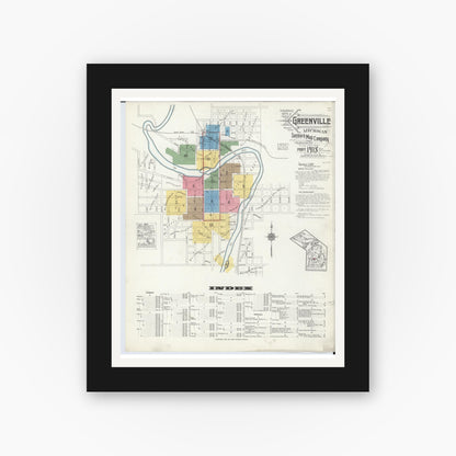Old map wall art mockup — black gallery frame with white mat — Sanborn Fire Insurance Map from Greenville, Montcalm County, Michigan (1918) - Complete Map Set