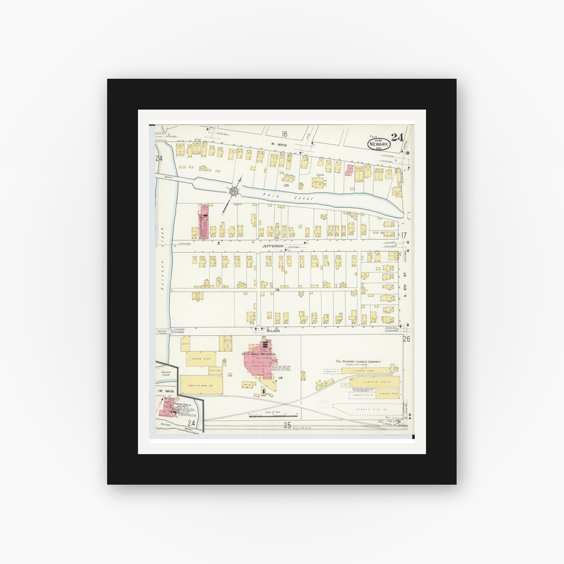 Old map wall art mockup — black gallery frame with white mat — Sanborn Fire Insurance Map from Newark, Licking County, Ohio (1912), Sheet #0024
