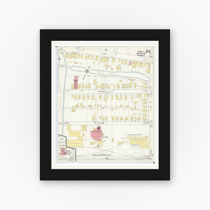 Old map wall art mockup — black gallery frame with white mat — Sanborn Fire Insurance Map from Newark, Licking County, Ohio (1912), Sheet #0024