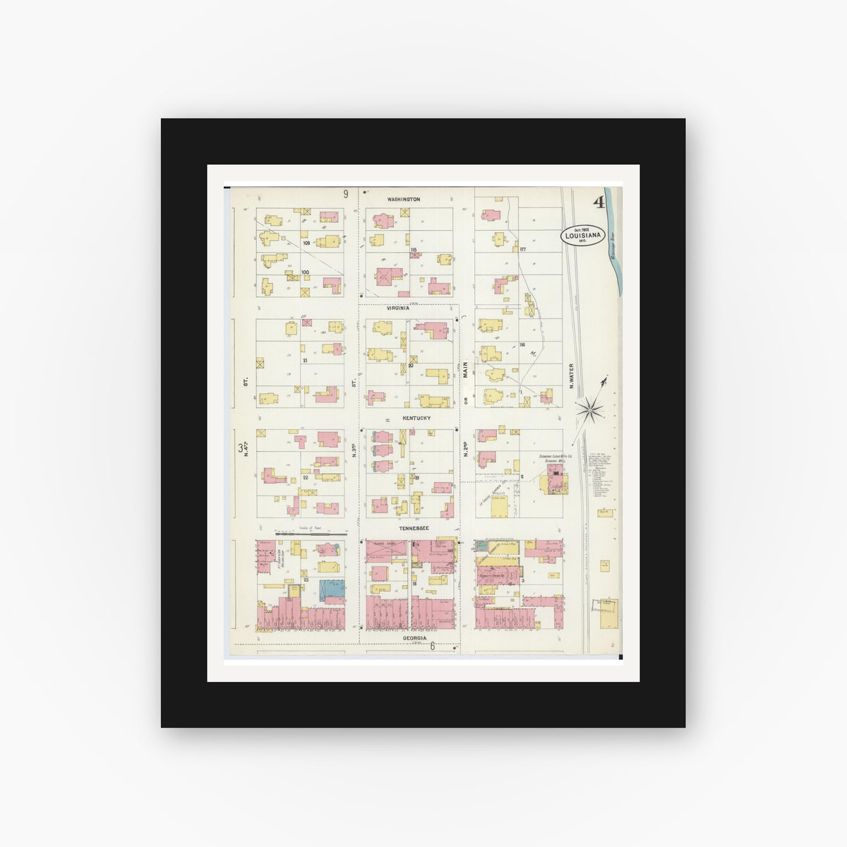 Old map wall art mockup — black gallery frame with white mat — Sanborn Fire Insurance Map from Louisiana, Pike County, Missouri (1902), Sheet #0004