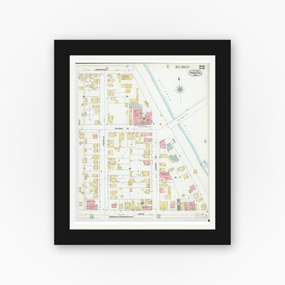 Old map wall art mockup — black gallery frame with white mat — Sanborn Fire Insurance Map from Marietta, Washington County, Ohio (1900), Sheet #0022