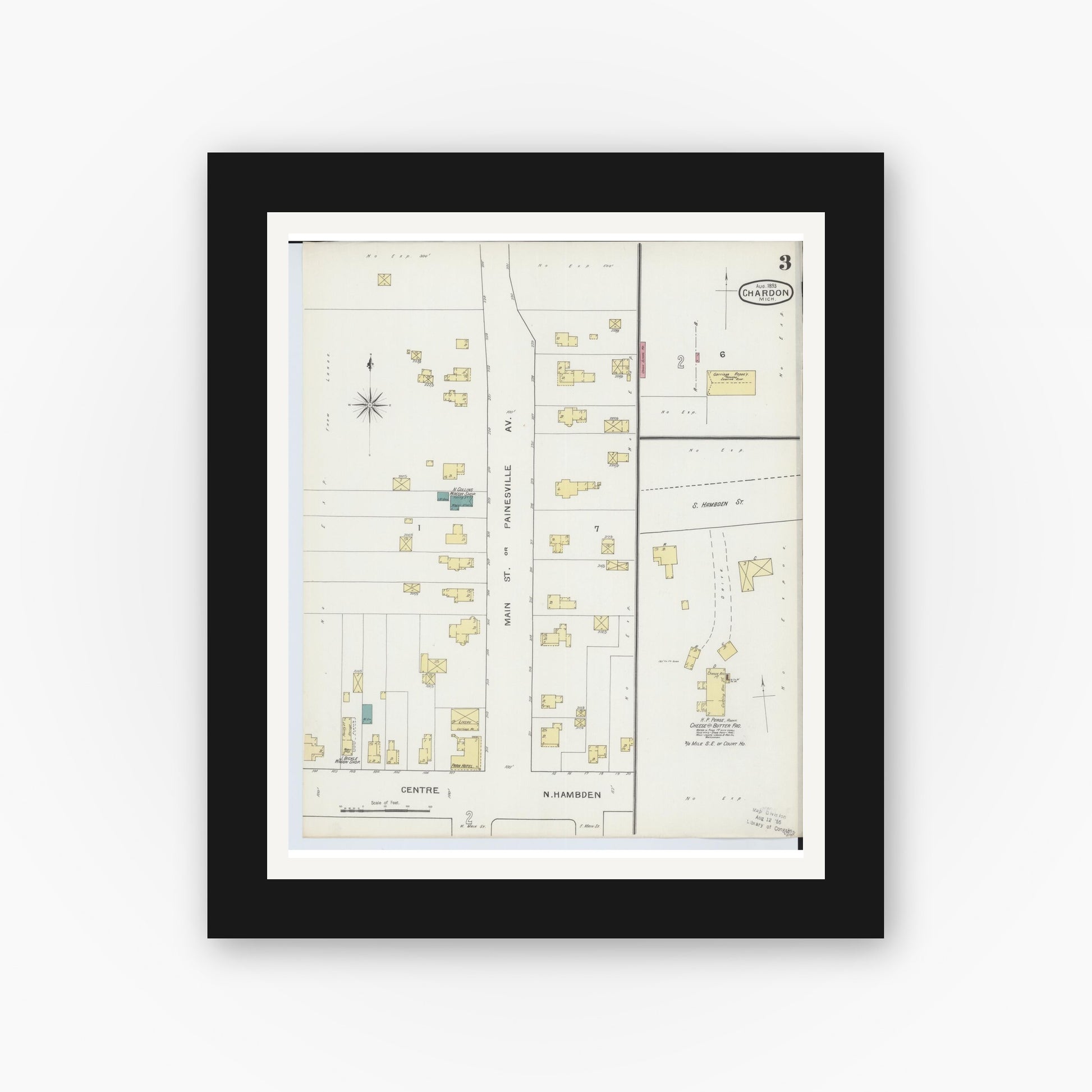 Old map wall art mockup — black gallery frame with white mat — Sanborn Fire Insurance Map from Chardon, Geauga County, Ohio (1893), Sheet #0003
