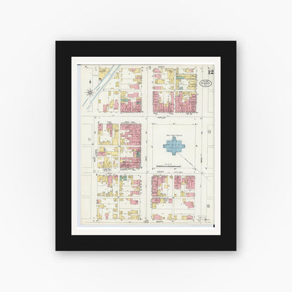 Old map wall art mockup — black gallery frame with white mat — Sanborn Fire Insurance Map from Sidney, Shelby County, Ohio (1898), Sheet #0012