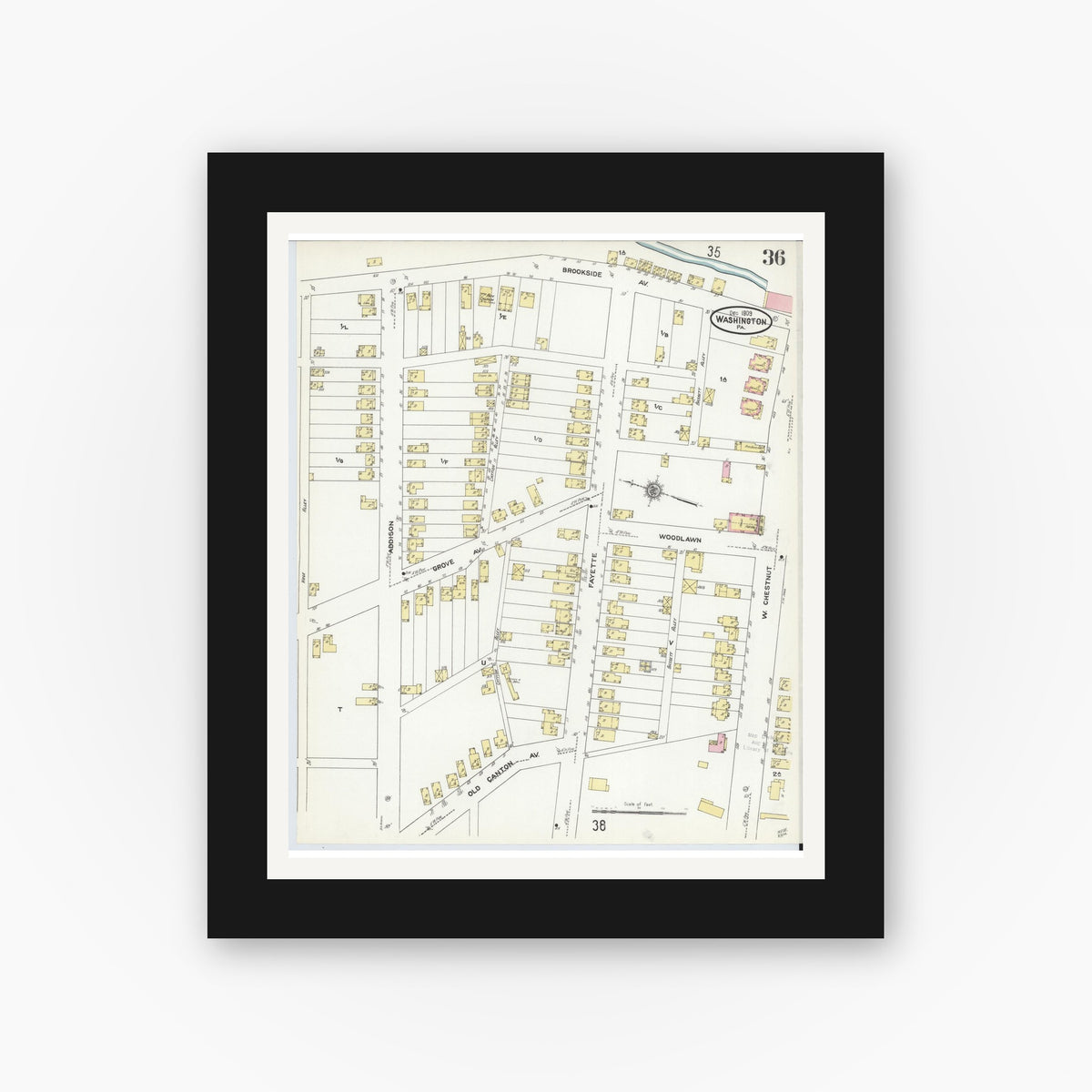 Old map wall art mockup — black gallery frame with white mat — Sanborn Fire Insurance Map from Washington, Washington County, Pennsylvania (1909), Sheet #0036