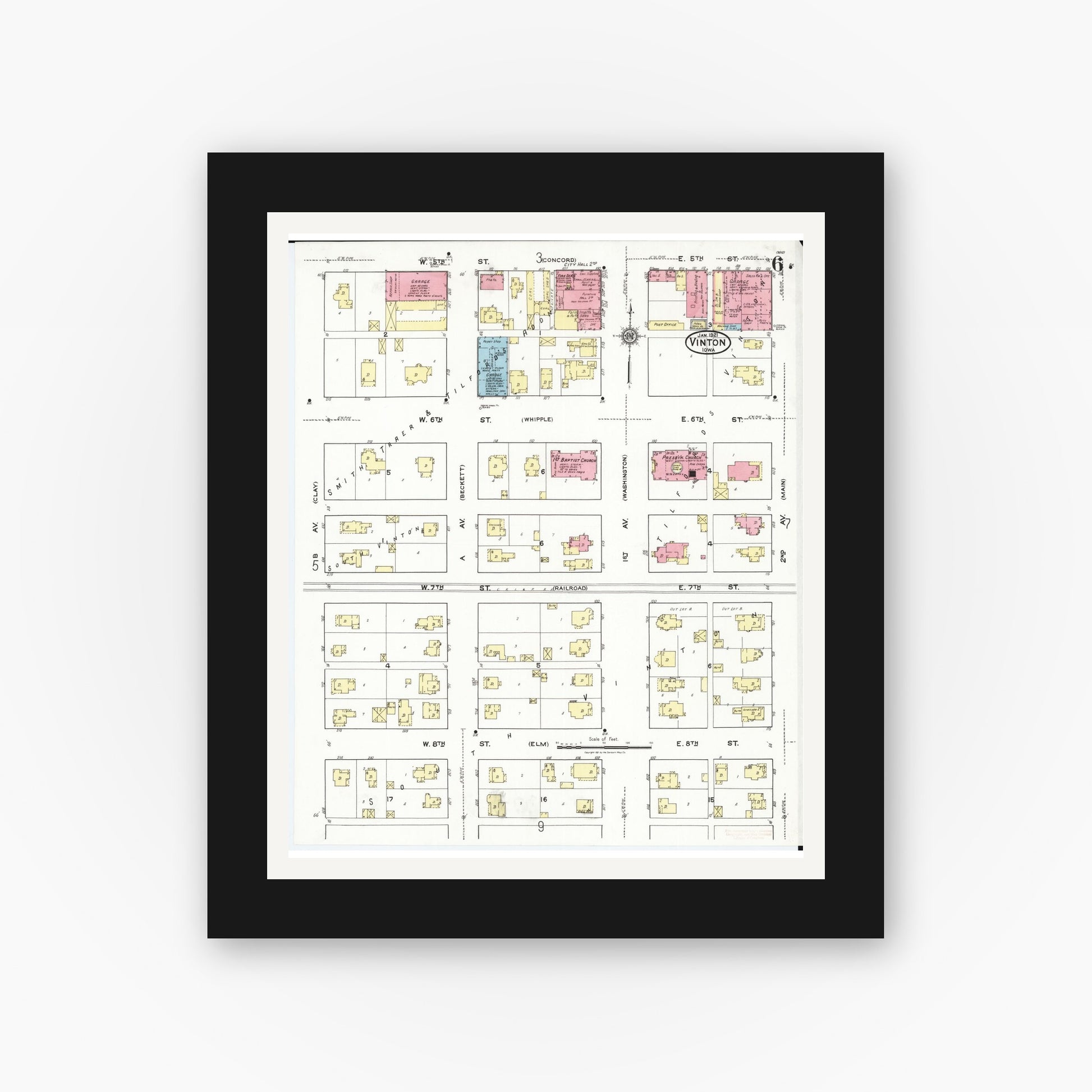 Old map wall art mockup — black gallery frame with white mat — Sanborn Fire Insurance Map from Vinton, Benton County, Iowa (1921), Sheet #0006