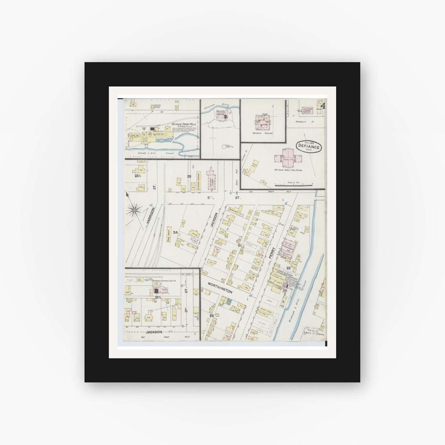 Old map wall art mockup — black gallery frame with white mat — Sanborn Fire Insurance Map from Defiance, Defiance County, Ohio (1888), Sheet #0004