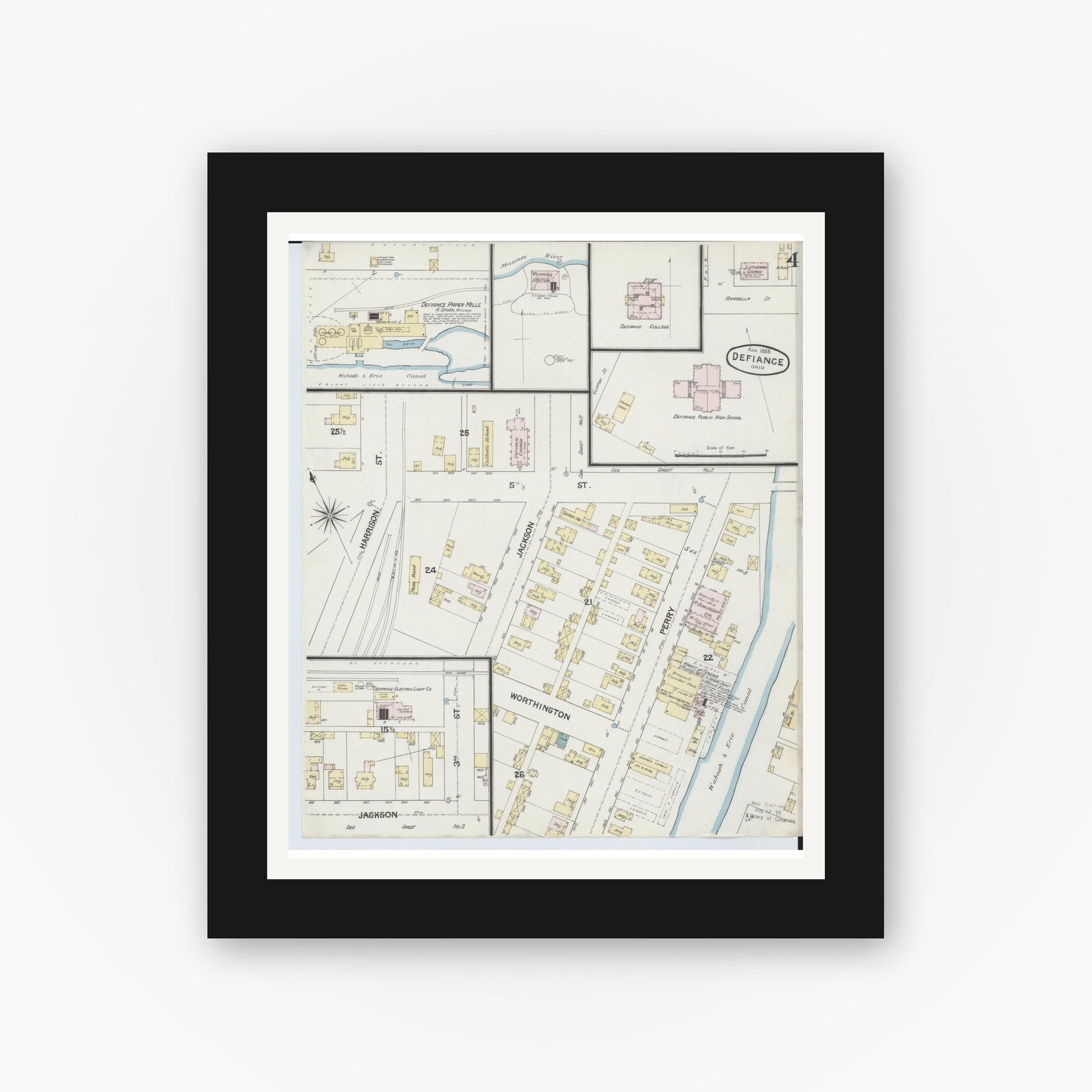 Old map wall art mockup — black gallery frame with white mat — Sanborn Fire Insurance Map from Defiance, Defiance County, Ohio (1888), Sheet #0004