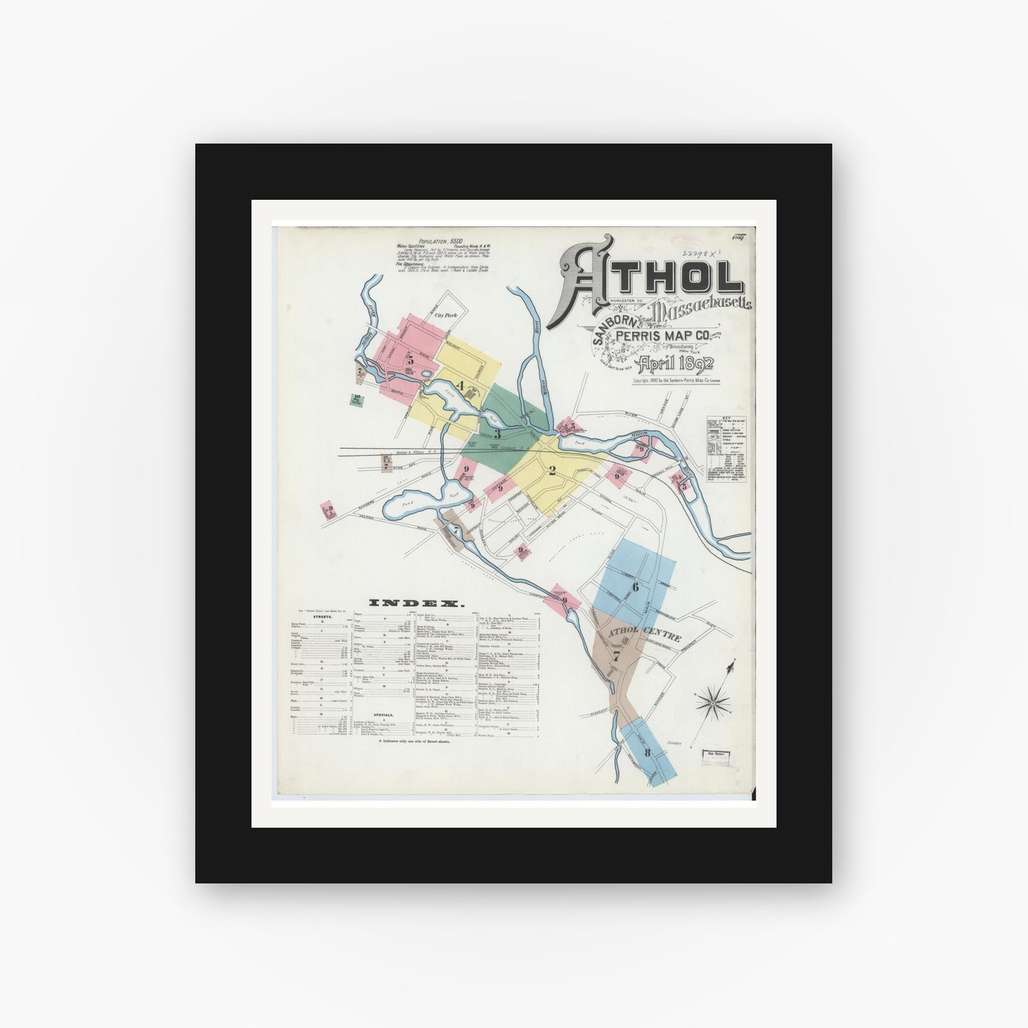 Old map wall art mockup — black gallery frame with white mat — Sanborn Fire Insurance Map from Athol, Worcester County, Massachusetts (1892) - Complete Map Set
