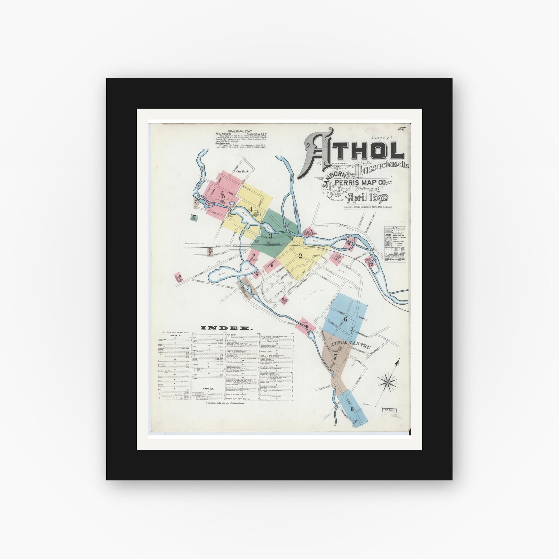 Old map wall art mockup — black gallery frame with white mat — Sanborn Fire Insurance Map from Athol, Worcester County, Massachusetts (1892) - Complete Map Set