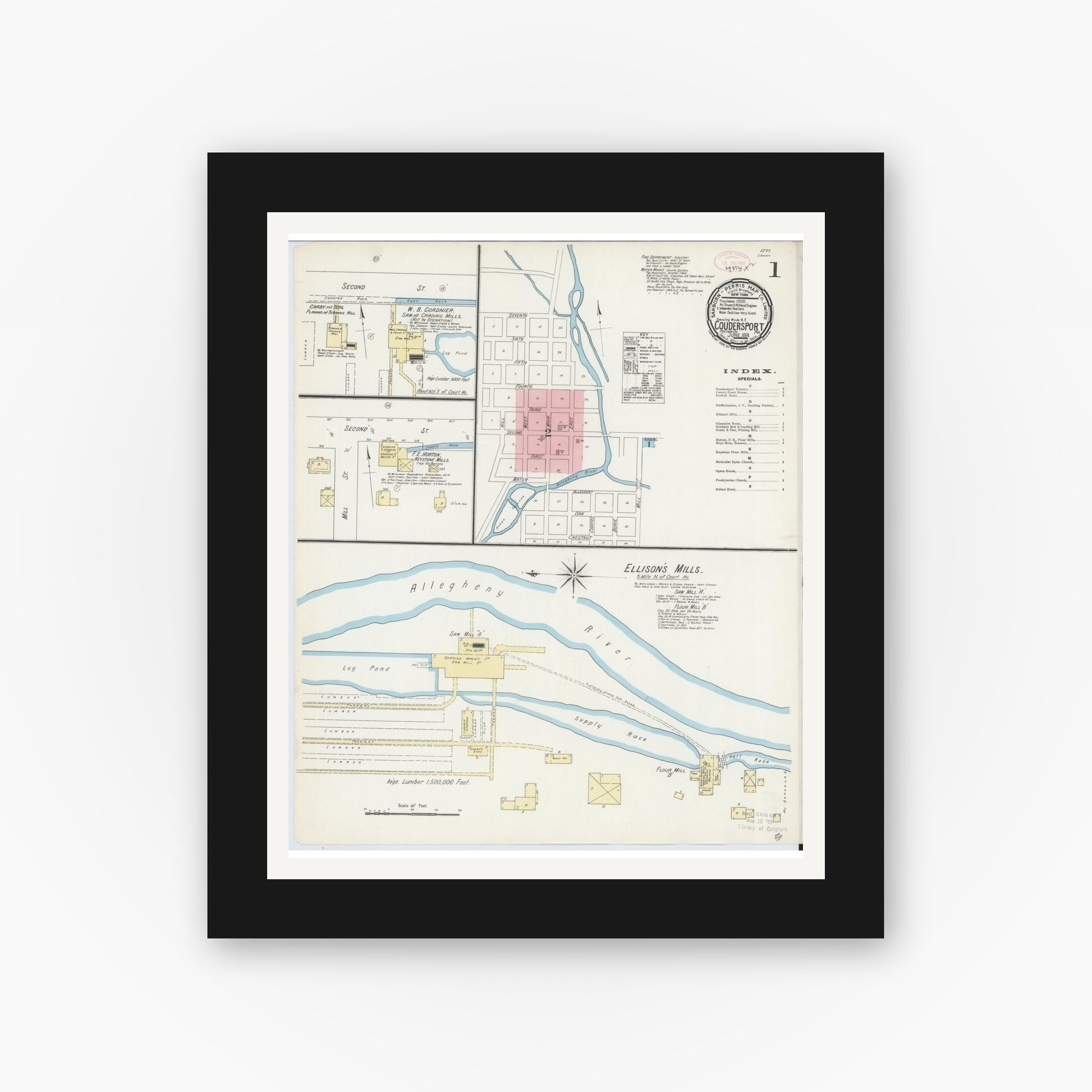Old map wall art mockup — black gallery frame with white mat — Sanborn Fire Insurance Map from Coudersport, Potter County, Pennsylvania (1891), Sheet #0001
