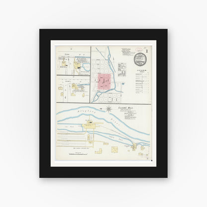 Old map wall art mockup — black gallery frame with white mat — Sanborn Fire Insurance Map from Coudersport, Potter County, Pennsylvania (1891), Sheet #0001